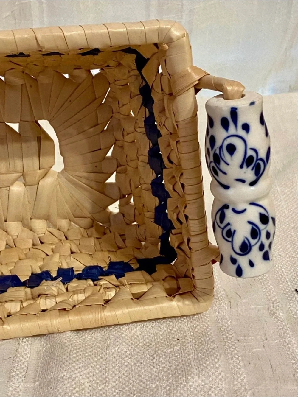 Title Vintage Blue White Chinoiserie Woven Bread Basket Ceramic Handles